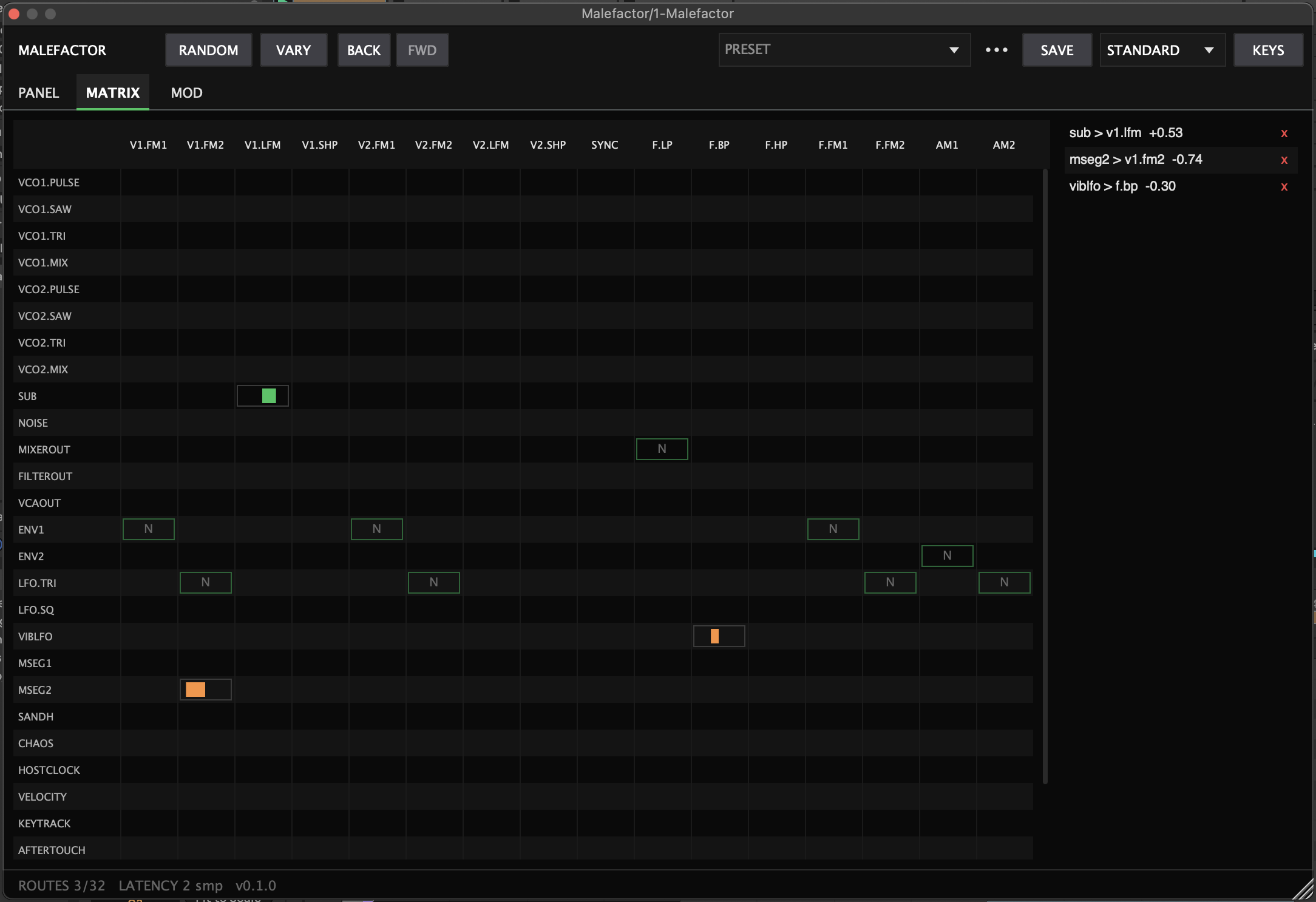 Malefactor Matrix page: the 32-route modulation grid with factory normals marked N and three patched cables