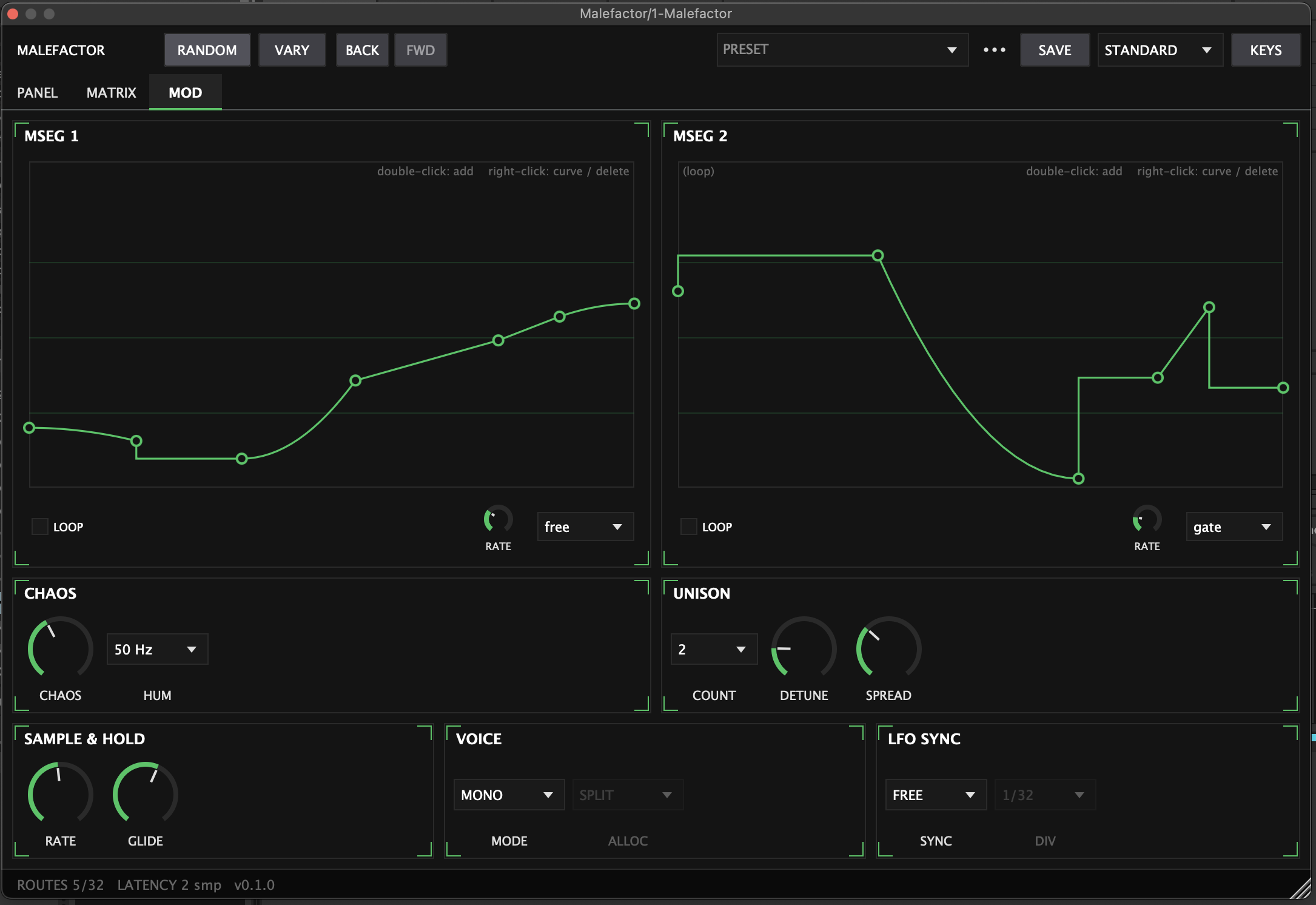 Malefactor Mod page: two drawable MSEG envelopes, chaos and hum, unison, sample and hold, voice mode and LFO sync