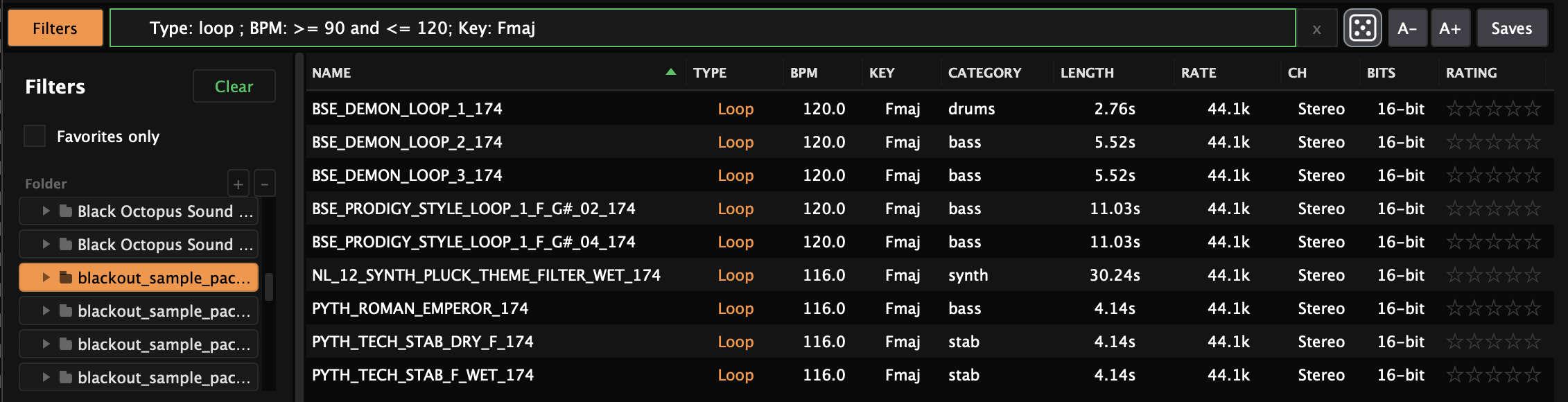 Structured search across the sample library